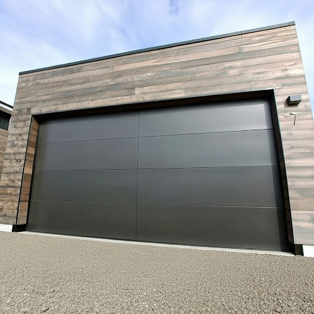 Sleek Modern Single Wide Garage Door In Matte Dark Gray With Clean Horizontal Panel Lines, Flush-Mounted On A Contemporary Home Featuring Horizontal Wood-Grain Siding In Neutral Tones In North West Chicago. Garage Door Installation By Lead Contractor Dmytro Shevchenko.