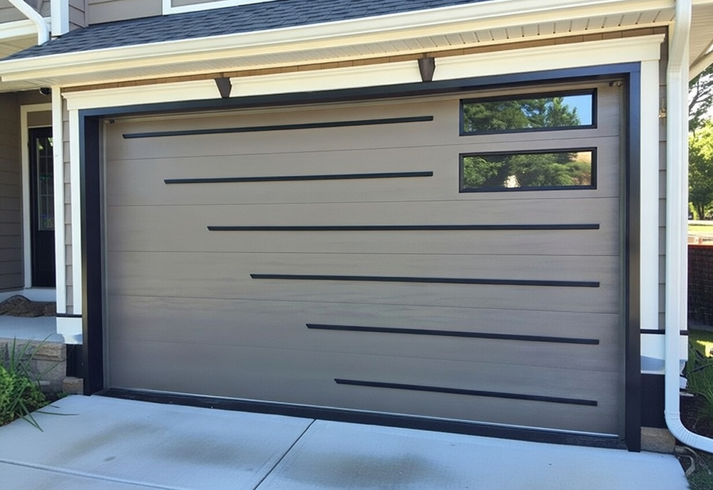 Modern Contemporary Beige Sectional Garage Door With Horizontal Black Accent Lines And Narrow Rectangular Glass Windows, Installed On A Suburban Home Exterior – Garage Door Options By Lead Contractor Dmytro Shevchenko, North West Chicago