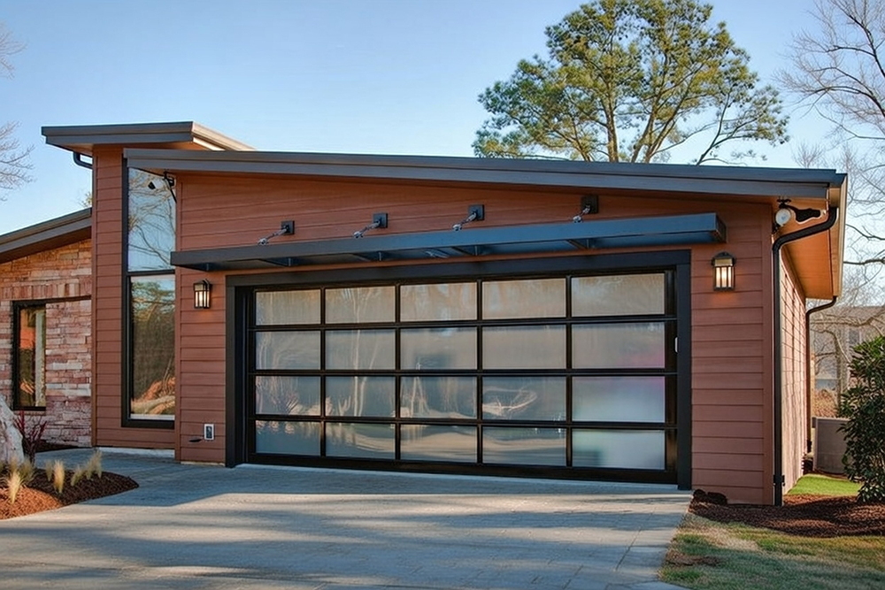 Contemporary Double Garage Door Featuring Full-View Frosted Glass Panels In A Black Frame, Installed Beneath A Modern Flat Overhang On A Warm Terracotta-Colored Siding Home With Large Glass Accents In North West Chicago. Garage Door Installation By Lead Contractor Dmytro Shevchenko.