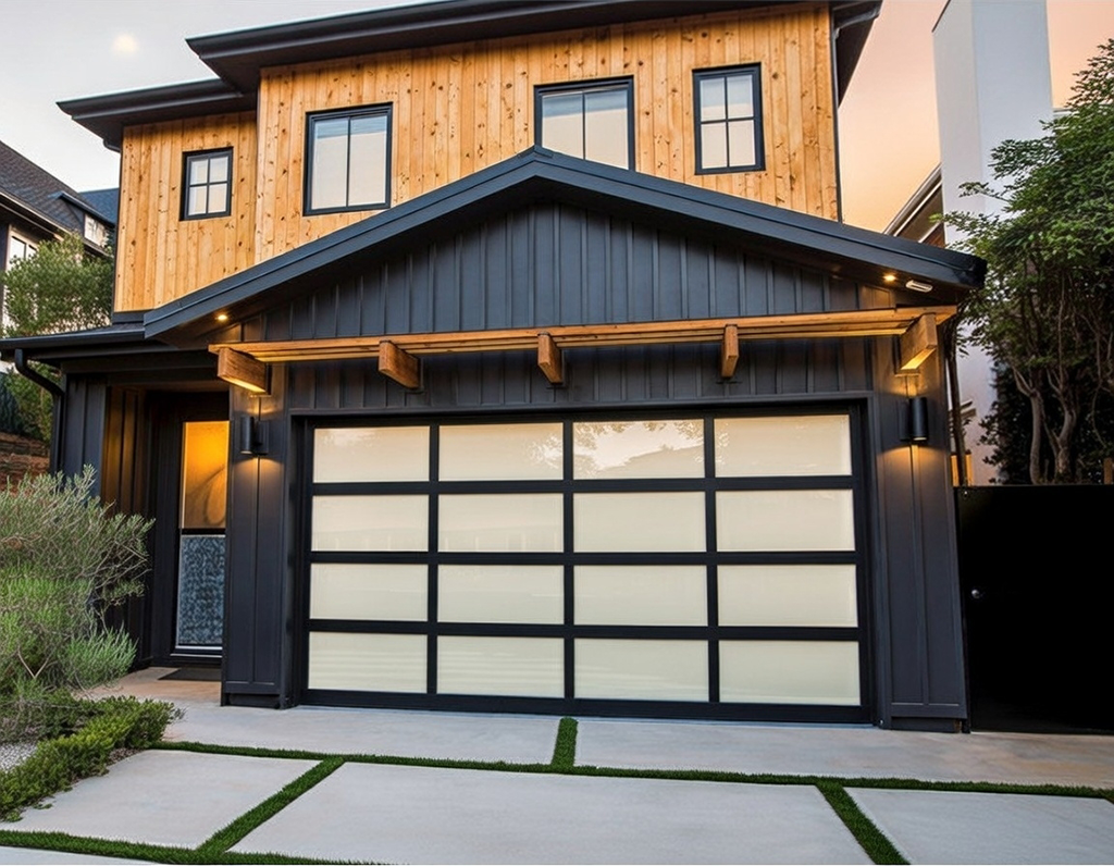 Modern Contemporary Garage Door With Large Frosted Glass Panels In Black Frame And Grid Design, Installed On A Stylish Two-Story Home With Cedar Wood Siding, Black Accents, And Warm Evening Lighting – Garage Door Options By Lead Contractor Dmytro Shevchenko, North West Chicago
