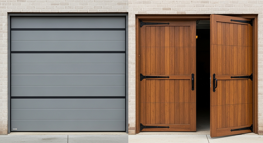 Residential Garage Door Types: A Complete 2026 Guide For Chicago Homeowners Side-By-Side Comparison Of Two Residential Garage Door Types On Brick Facade Home: Modern Grey Sectional Overhead Garage Door With Horizontal Black Accent Lines (Left, Closed) And Classic Wooden Carriage-Style Swing-Out Doors In Natural Cedar Finish With Black Wrought-Iron Hardware (Right, Fully Open), North West Chicago. Lead Contractor Dmytro Shevchenko – Premium Residential Garage Door