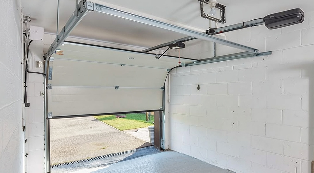 Residential Garage Door Types: A Complete 2026 Guide For Chicago Homeowners Interior View Of Open Sectional Residential Garage Door With Overhead Track Rail System, Belt/Chain Drive Opener, White Insulated Panels, And Brick Block Walls In A Clean Garage Space, North West Chicago. Lead Contractor Dmytro Shevchenko – Popular Residential Garage Door Types.