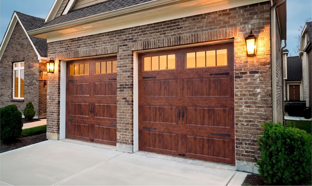 Luxurious Double Garage Doors With Rich Mahogany Wood Finish, Carriage-House Style Raised Panels, Black Hardware Accents, And Warm Illuminated Windows, Installed On A Brick-Front Suburban Home In North West Chicago. Garage Door Project By Lead Contractor Dmytro Shevchenko.