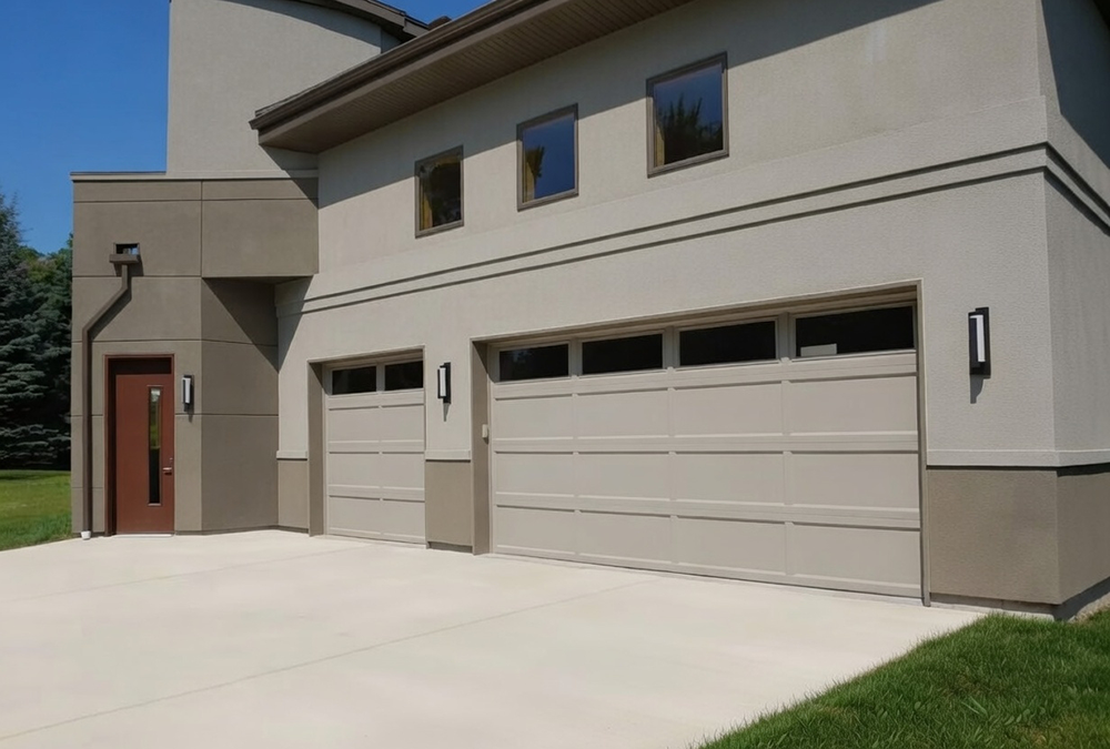 Residential Garage Door Designs: The Ultimate 2026 Style &Amp; Performance Guide Modern Beige Residential Garage Door Designs With Horizontal Raised Panels And Narrow Frosted Glass Inserts On A Contemporary Two-Story Stucco Home With Matching Trim, Installed By Lead Contractor Dmytro Shevchenko In North West Chicago