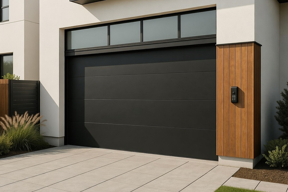 Residential Garage Door Designs: The Ultimate 2026 Style &Amp; Performance Guide Sleek Modern Residential Garage Door Designs In Matte Black With Horizontal Panel Lines And Full-Width Frosted Glass Transom Windows On A Contemporary White Stucco Home With Wood Accent Column, Installed By Lead Contractor Dmytro Shevchenko In North West Chicago