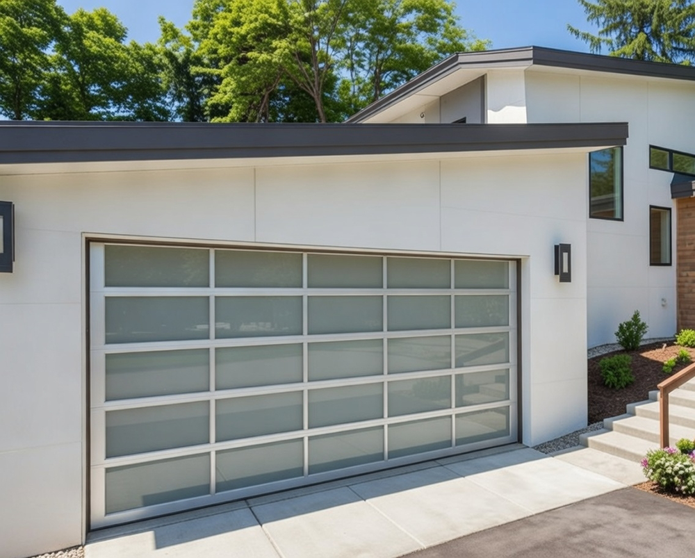 Residential Garage Door Designs: The Ultimate 2026 Style &Amp; Performance Guide Sleek Modern Residential Garage Door Designs With Large Frosted Glass Panels In A Grid Layout And Silver Frame On A Contemporary White Minimalist Home, Installed By Lead Contractor Dmytro Shevchenko In North West Chicago