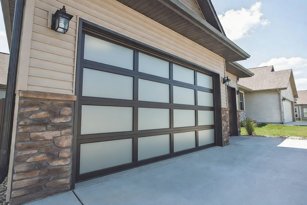 Residential Garage Door Designs: The Ultimate 2026 Style &Amp; Performance Guide Contemporary Residential Garage Door Designs Featuring Frosted Glass Panels In A Dark Frame On A Modern Beige Home, Installed By Lead Contractor Dmytro Shevchenko In North West Chicago