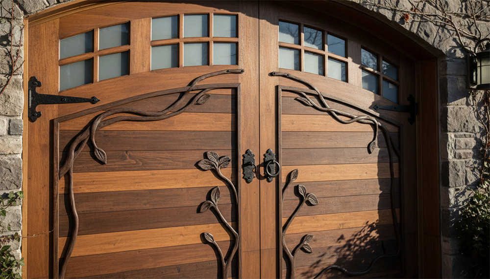Residential Garage Door Designs: The Ultimate 2026 Style &Amp; Performance Guide Artisan Residential Garage Door Designs Featuring Arched Tops, Multi-Pane Frosted Glass Windows, Rich Multi-Tone Wood Planks, And Custom Forged Iron Vine/Branch Accents On A Stone Home Facade, Installed By Lead Contractor Dmytro Shevchenko In North West Chicago