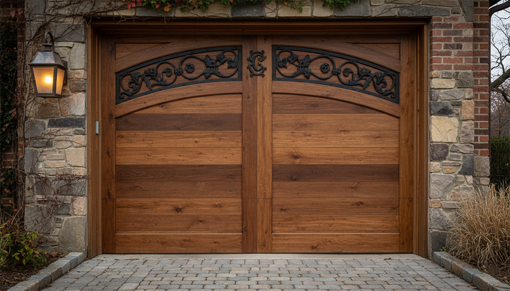 Residential Garage Door Designs: The Ultimate 2026 Style &Amp; Performance Guide Premium Carriage-Style Residential Garage Door Designs In Rich Multi-Tone Wood With Arched Tops, Ornate Black Wrought-Iron Vine And Scroll Accents, And Custom Hardware On A Stone And Brick Home Facade, Installed By Lead Contractor Dmytro Shevchenko In North West Chicago