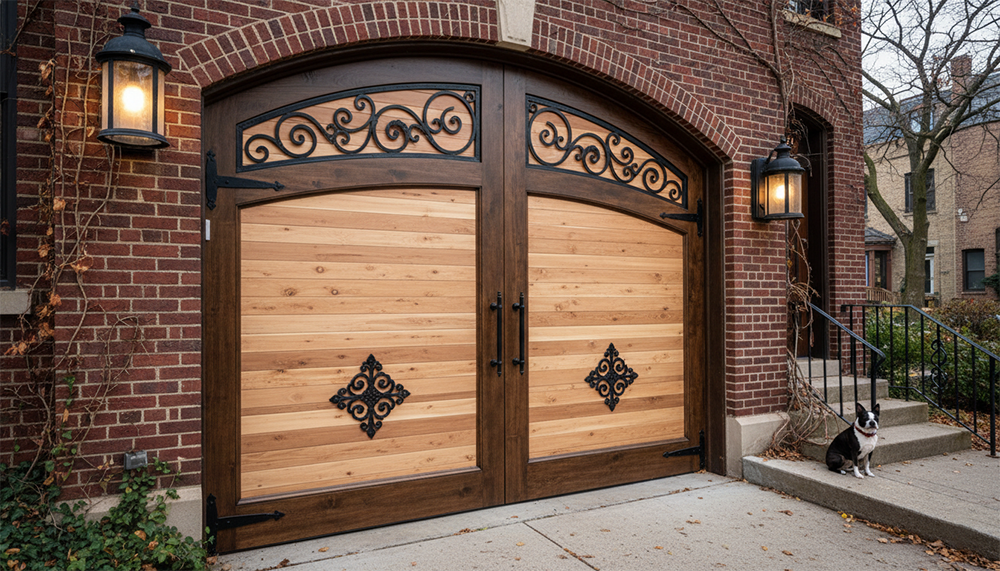 Residential Garage Door Designs: The Ultimate 2026 Style &Amp; Performance Guide Elegant Arched Carriage-Style Residential Garage Door Designs In Natural Light Wood With Ornate Black Wrought-Iron Scrollwork, Decorative Diamond Medallions, And Custom Hardware On A Classic Brick Home, Installed By Lead Contractor Dmytro Shevchenko In North West Chicago