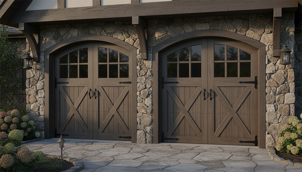 Residential Garage Door Designs: The Ultimate 2026 Style &Amp; Performance Guide High-End Carriage-House Residential Garage Door Designs In Rich Brown Wood-Tone With Arched Tops, Multi-Pane Arched Windows, X-Cross Bracing, And Black Hardware On A Stone And Timber Tudor-Style Home, Installed By Lead Contractor Dmytro Shevchenko In North West Chicago