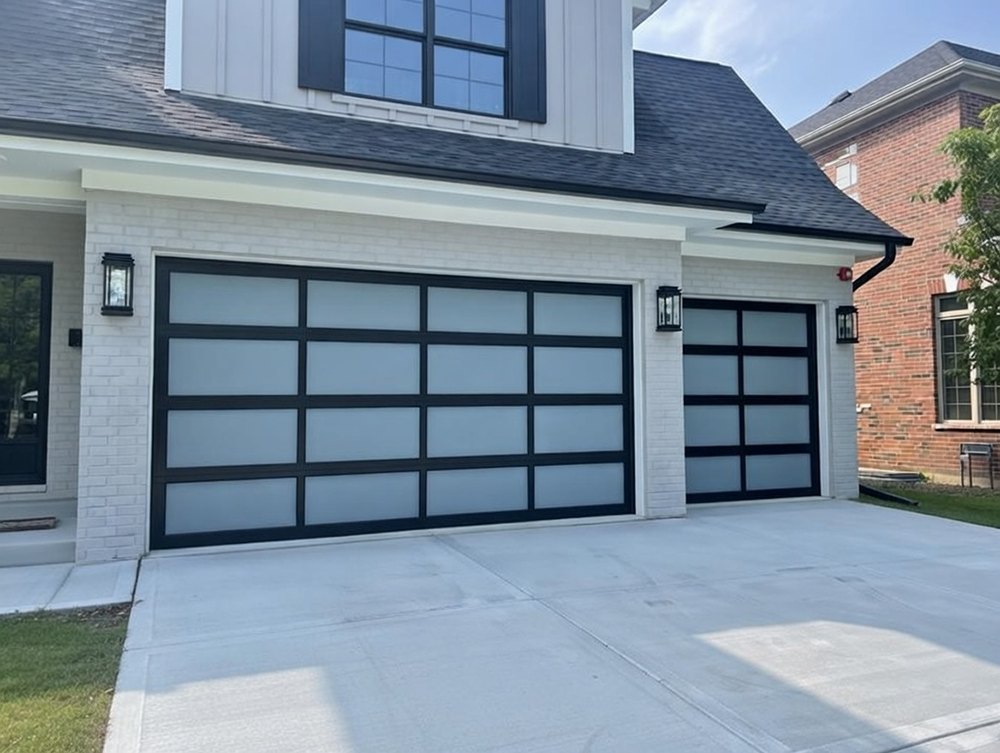 Residential Garage Door Designs: The Ultimate 2026 Style &Amp; Performance Guide Contemporary Residential Garage Door Designs With Full Frosted Glass Panels In Black Grid Frames On A Modern White Brick Home With Black Shutters, Installed By Lead Contractor Dmytro Shevchenko In North West Chicago