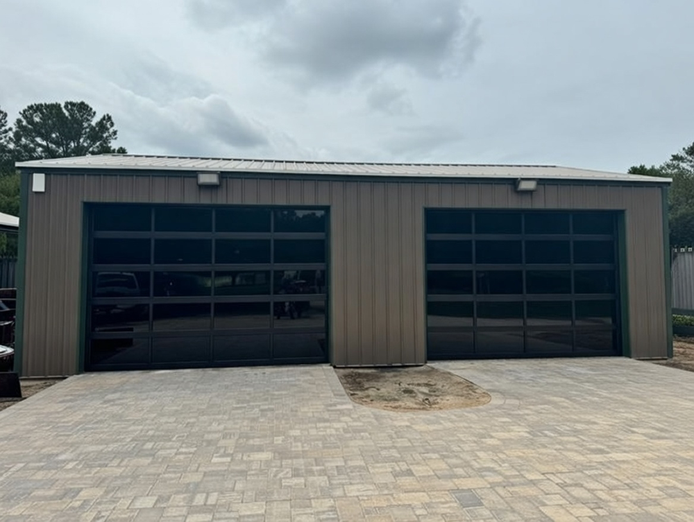 Residential Garage Door Designs: The Ultimate 2026 Style &Amp; Performance Guide Double Wide Residential Garage Door Designs With Full-View Dark Tinted Glass Panels In Black Frames On A Metal-Sided Detached Garage Building, Installed By Lead Contractor Dmytro Shevchenko In North West Chicago