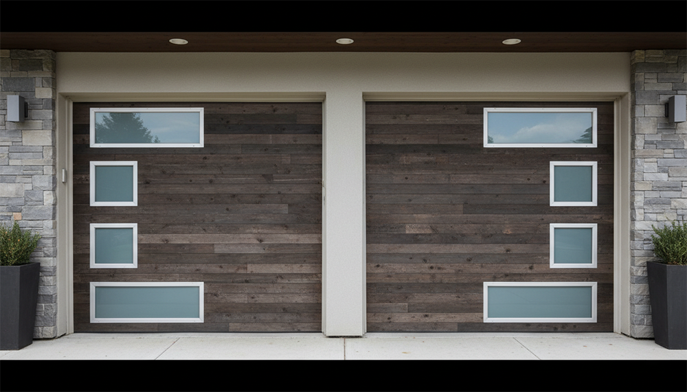 Residential Garage Door Designs: The Ultimate 2026 Style &Amp; Performance Guide Contemporary Residential Garage Door Designs Featuring Dark Wood Plank Texture With Asymmetrical Frosted Glass Window Panels In Varying Sizes And White Frames On A Modern Stone And Stucco Home, Installed By Lead Contractor Dmytro Shevchenko In North West Chicago