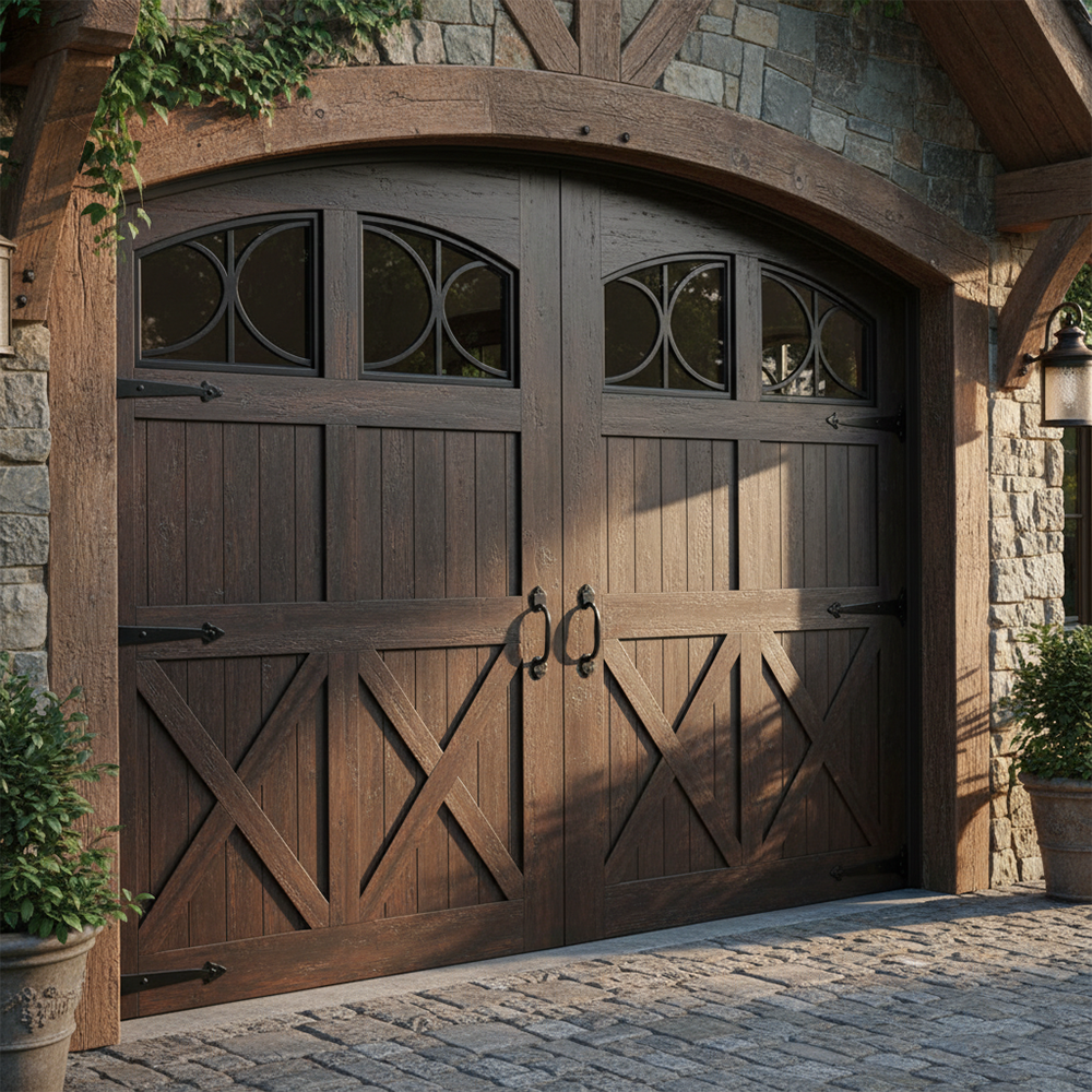 Residential Garage Door Designs: The Ultimate 2026 Style &Amp; Performance Guide Luxurious Dark Wood Carriage-Style Residential Garage Door Designs With Arched Tops, Decorative X-Cross Bracing, Circular Window Accents, And Black Hardware On A Stone Tudor-Style Home, Installed By Lead Contractor Dmytro Shevchenko In North West Chicago