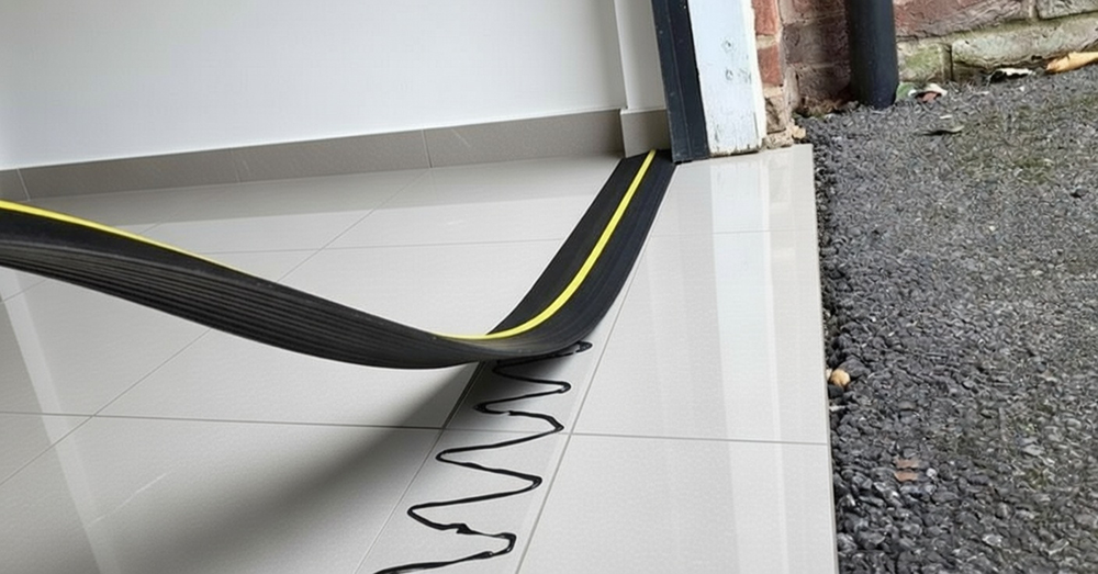 Residential Garage Door Designs: The Ultimate 2026 Style &Amp; Performance Guide Close-Up Of Durable Black Rubber Bottom Weather Seal With Yellow Safety Stripe Properly Installed On Residential Garage Door Threshold, Part Of High-Quality Residential Garage Door Designs By Lead Contractor Dmytro Shevchenko In North West Chicago