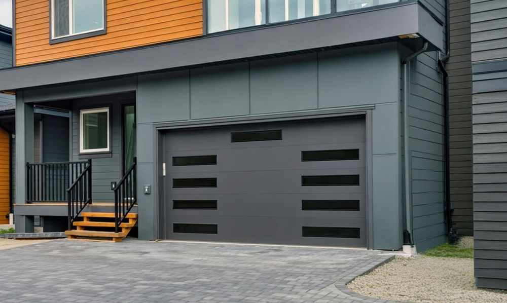 Residential Garage Door Designs: The Ultimate 2026 Style &Amp; Performance Guide Modern Dark Gray Residential Garage Door Designs With Horizontal Rectangular Window Slits On A Contemporary Two-Tone Gray And Orange Siding Home With Flat Roof Overhang, Installed By Lead Contractor Dmytro Shevchenko In North West Chicago