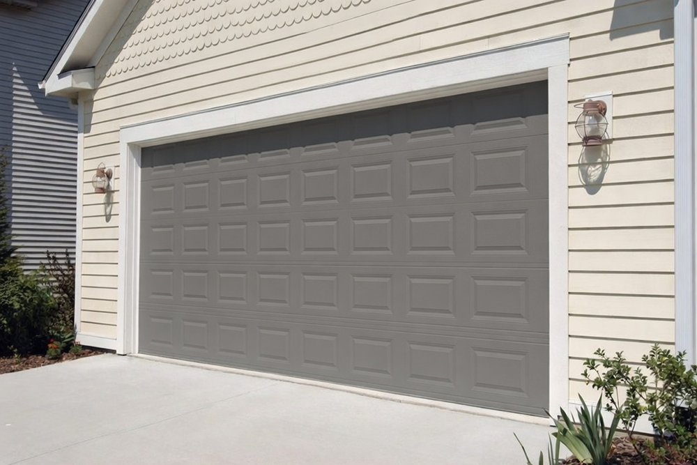 Residential Garage Door Designs: The Ultimate 2026 Style &Amp; Performance Guide Classic Gray Residential Garage Door Designs With Raised Square Panels On A Light Beige Siding Home, Professionally Installed By Lead Contractor Dmytro Shevchenko In North West Chicago