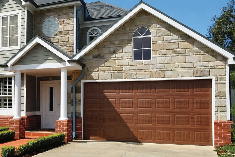 Residential Garage Door Designs: The Ultimate 2026 Style &Amp; Performance Guide Premium Wood-Look Brown Residential Garage Door Designs With Raised Rectangular Panels On A Stone And Siding Two-Story Home, Expertly Installed By Lead Contractor Dmytro Shevchenko In North West Chicago