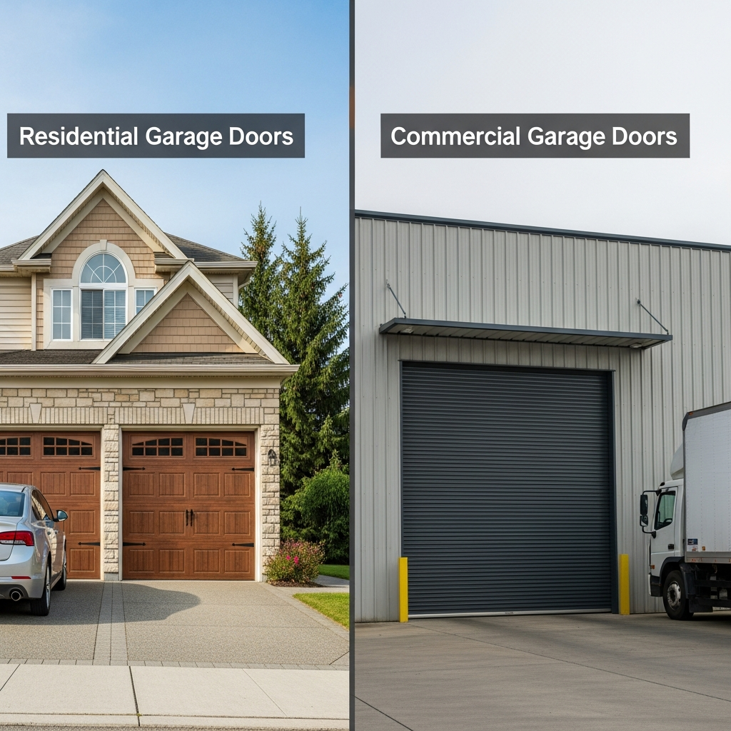 Side-By-Side Comparison Photo: Left Side Shows Elegant Brown Residential Garage Doors On A Modern Suburban Home With Trees And Driveway, Labeled Residential Garage Doors; Right Side Shows Heavy-Duty Gray Roll-Up Commercial Garage Door On An Industrial Building With Loading Area And Truck, Labeled Commercial Garage Doors – Garage Door Options By Lead Contractor Dmytro Shevchenko, North West Chicago