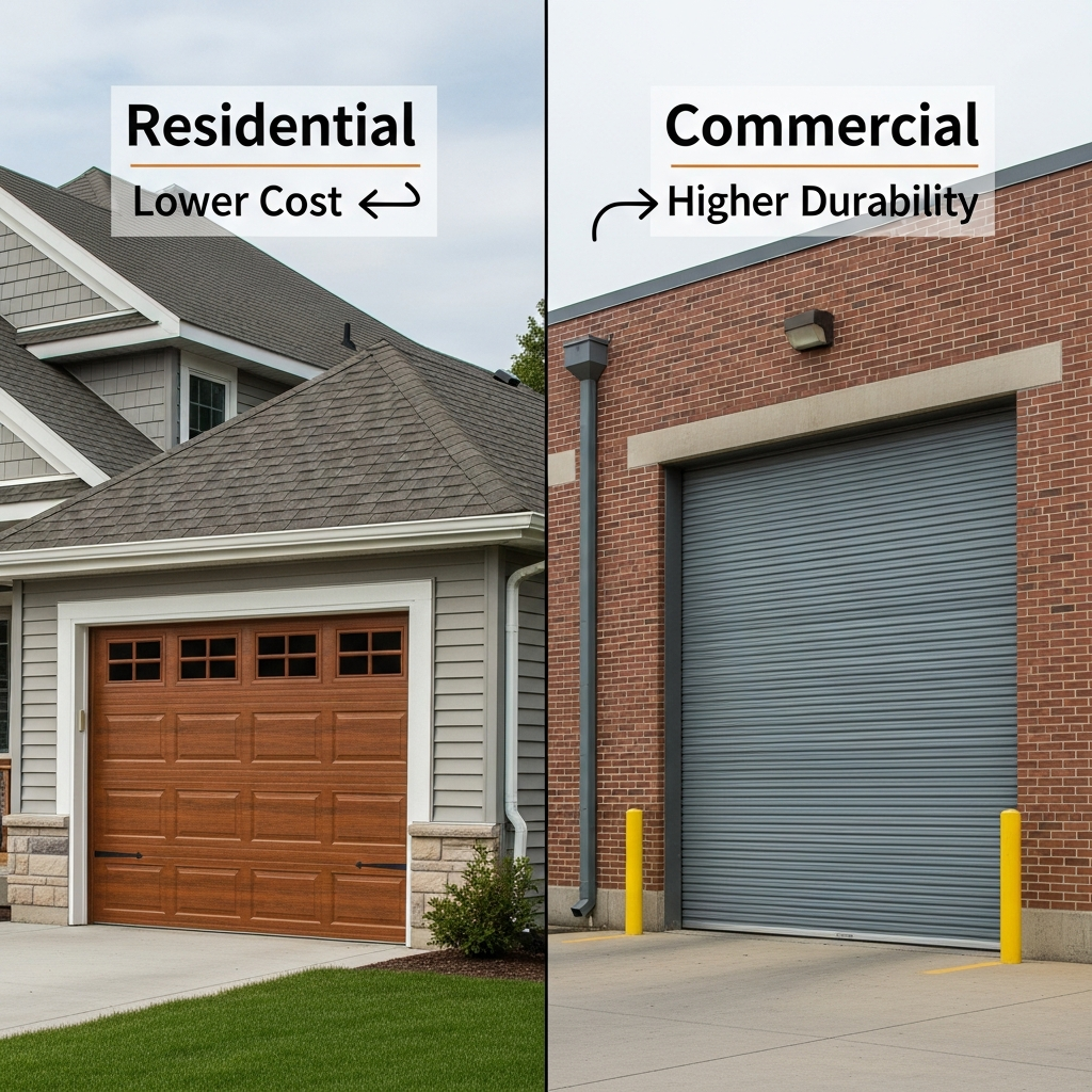 Side-By-Side Comparison Of Residential And Commercial Garage Doors: Left Shows A Classic Wooden Residential Garage Door On A Home With Lower Cost Label, Right Shows A Durable Gray Roll-Up Commercial Garage Door On A Brick Building With Higher Durability Label – Garage Door Options By Lead Contractor Dmytro Shevchenko, North West Chicago