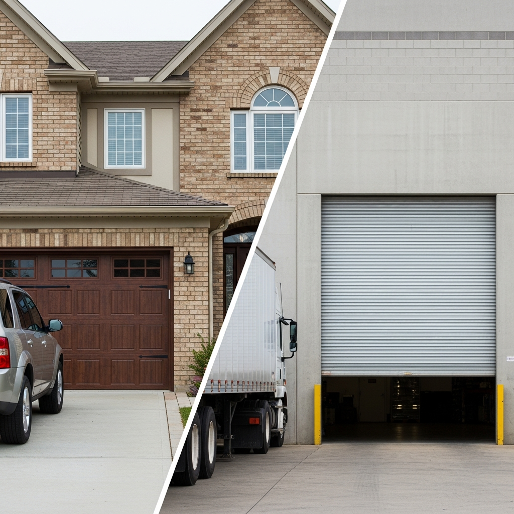 Side-By-Side Comparison Of Residential And Commercial Garage Doors: Left Photo Shows Beautiful Dark Brown Wooden Sectional Garage Doors On A Modern Brick Suburban Home With Suv In Driveway, Right Photo Shows Heavy-Duty Silver Roll-Up Commercial Garage Door On Industrial Building With Loading Dock And Semi-Truck – Garage Door Options By Lead Contractor Dmytro Shevchenko, North West Chicago