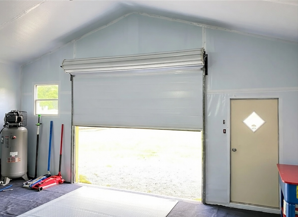 Garage Door Opening Styles: Choosing The Right Movement For Your Home Example Of Garage Door Opening Styles Showing A Modern Roll-Up (Roll-Up Sectional) Garage Door In A Residential Workshop Space, Professionally Installed By Lead Contractor Dmytro Shevchenko In North West Chicago.