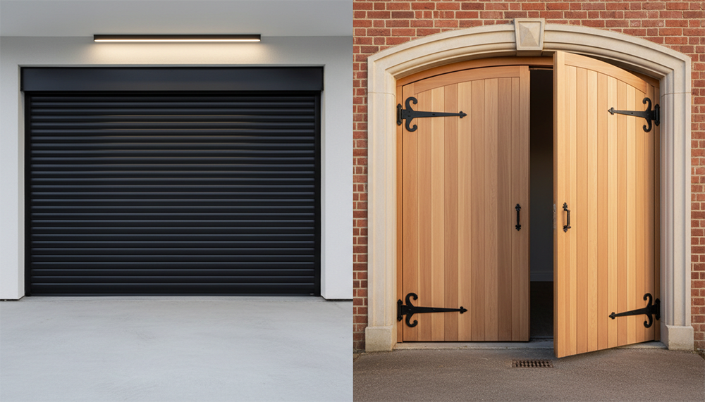Garage Door Opening Styles: Choosing The Right Movement For Your Home Side-By-Side Comparison Of Garage Door Opening Styles: Contemporary Black Roll-Up Sectional Garage Door On The Left And Classic Arched Wooden Swing-Out Carriage House Doors On The Right, Installed By Lead Contractor Dmytro Shevchenko In North West Chicago.