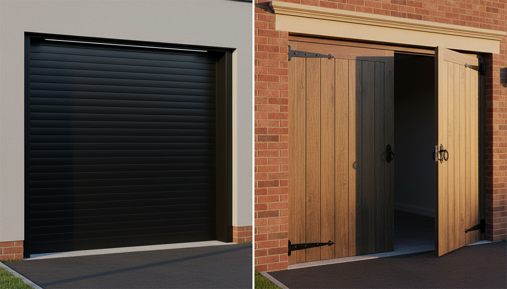 Garage Door Opening Styles: Choosing The Right Movement For Your Home Comparison Of Garage Door Opening Styles: Modern Black Roll-Up Sectional Door On The Left And Traditional Swing-Out Barn-Style Wooden Double Doors On The Right, Installed By Lead Contractor Dmytro Shevchenko In North West Chicago.