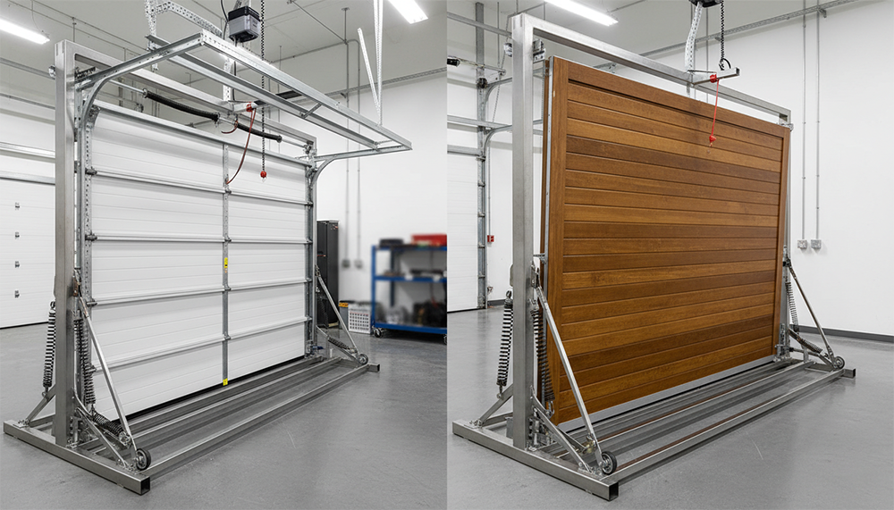 Garage Door Opening Styles: Choosing The Right Movement For Your Home Side-By-Side Examples Of Garage Door Opening Styles: Left Shows A White Sectional Overhead Garage Door Fully Installed In A Professional Track And Opener System; Right Displays A Premium Horizontal Wood-Panel Garage Door Section Mounted On A Custom Installation Frame, Prepared For Fitting, By Lead Contractor Dmytro Shevchenko In North West Chicago.