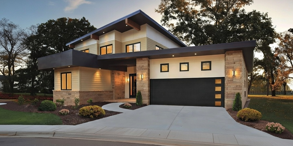 Modern Black Sectional Garage Door With Square Gold-Toned Accent Panels, Installed On A Contemporary Two-Story Home Featuring Beige Stucco, Stone Facade, Dark Overhangs, And Warm Exterior Lighting In North West Chicago. Garage Door Installation By Lead Contractor Dmytro Shevchenko.
