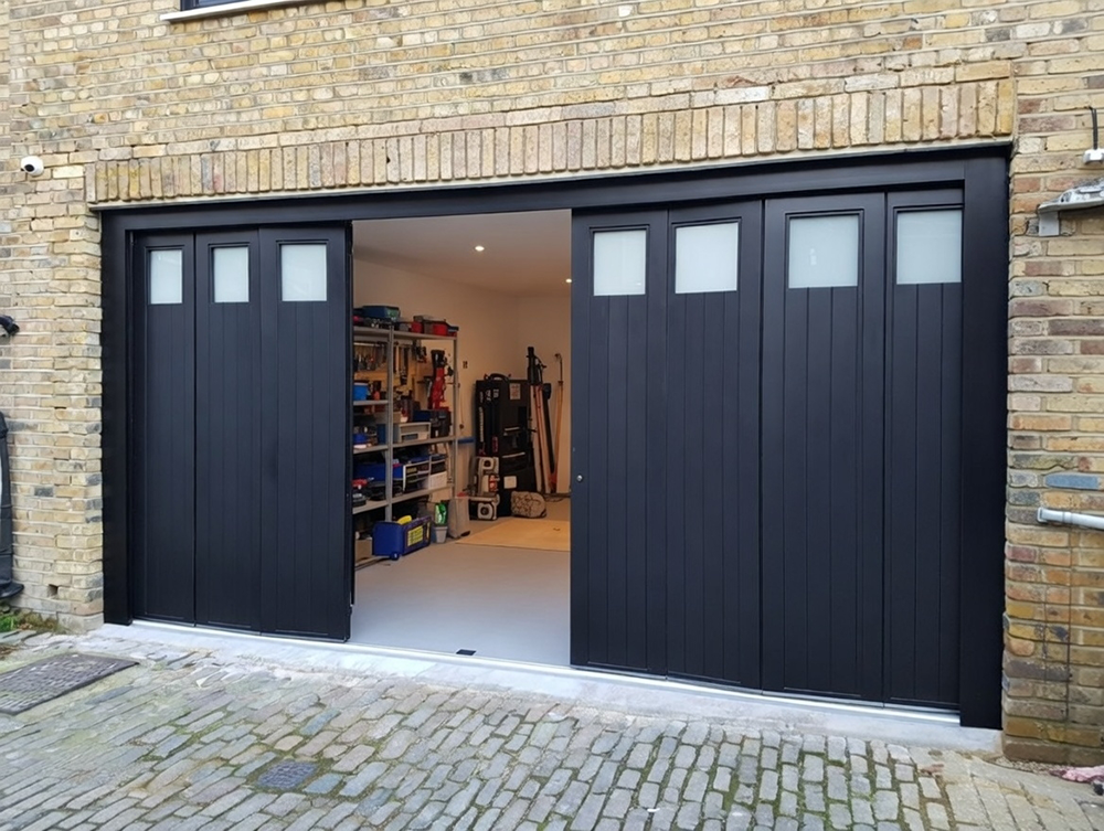 Garage Door Opening Styles: Choosing The Right Movement For Your Home Example Of Garage Door Opening Styles Featuring Modern Black Sliding (Bypass) Double Garage Doors With Vertical Panel Design And Frosted Glass Inserts, Fully Open To Reveal The Interior, Installed By Lead Contractor Dmytro Shevchenko In North West Chicago.