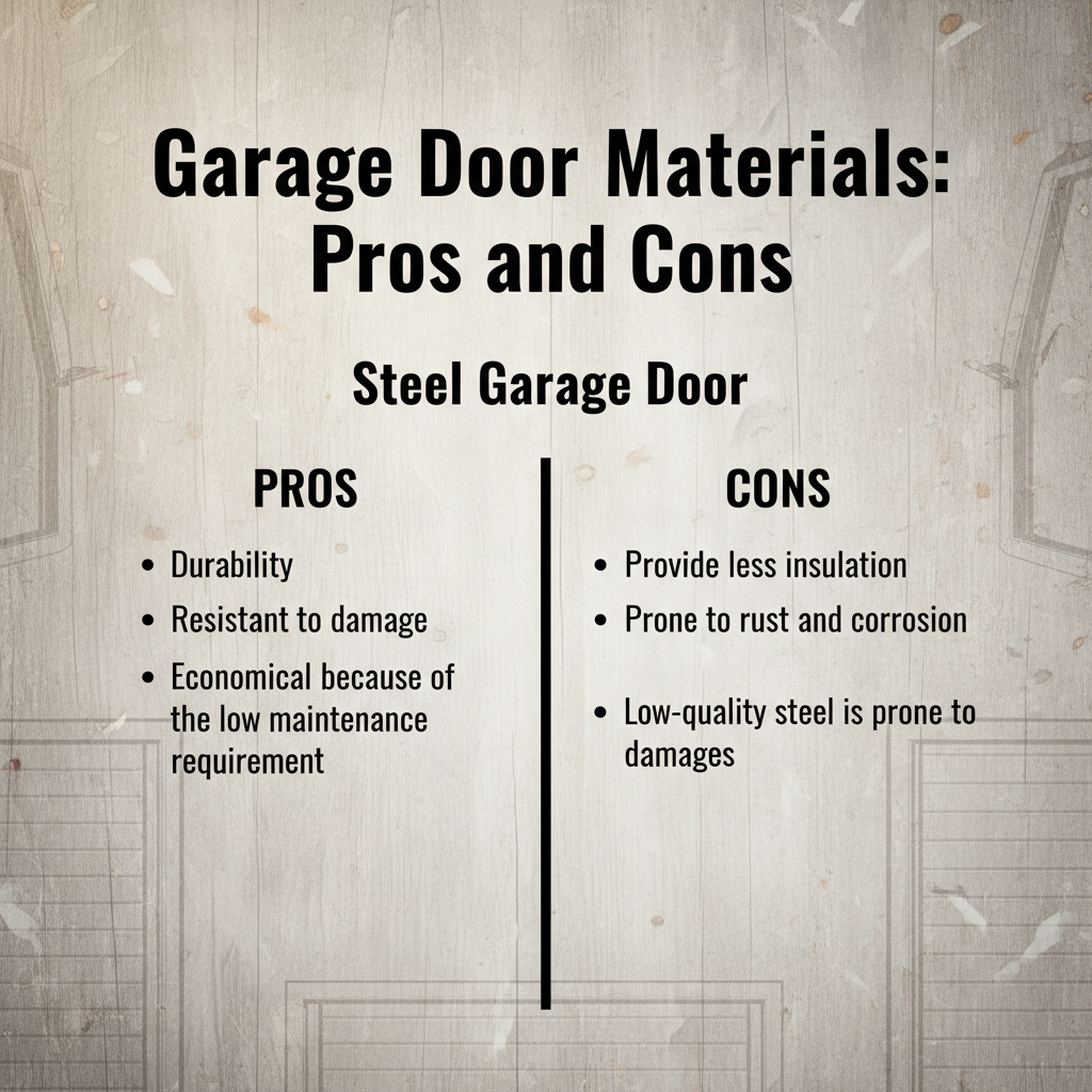 Pros And Cons Comparison Chart Of Steel Garage Door Materials, Highlighting Durability, Damage Resistance, Economical Low Maintenance, Poor Insulation, Rust And Corrosion Risks – Garage Door Options By Lead Contractor Dmytro Shevchenko, North West Chicago