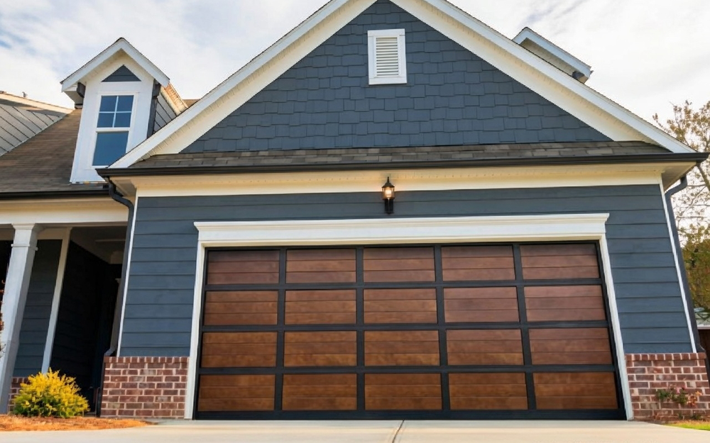 Contemporary Double Garage Door With Rich Wood-Look Panels And Black Horizontal Overlays, Installed On A Modern Gray-Blue Siding Home With White Trim In North West Chicago. Garage Door By Lead Contractor Dmytro Shevchenko.