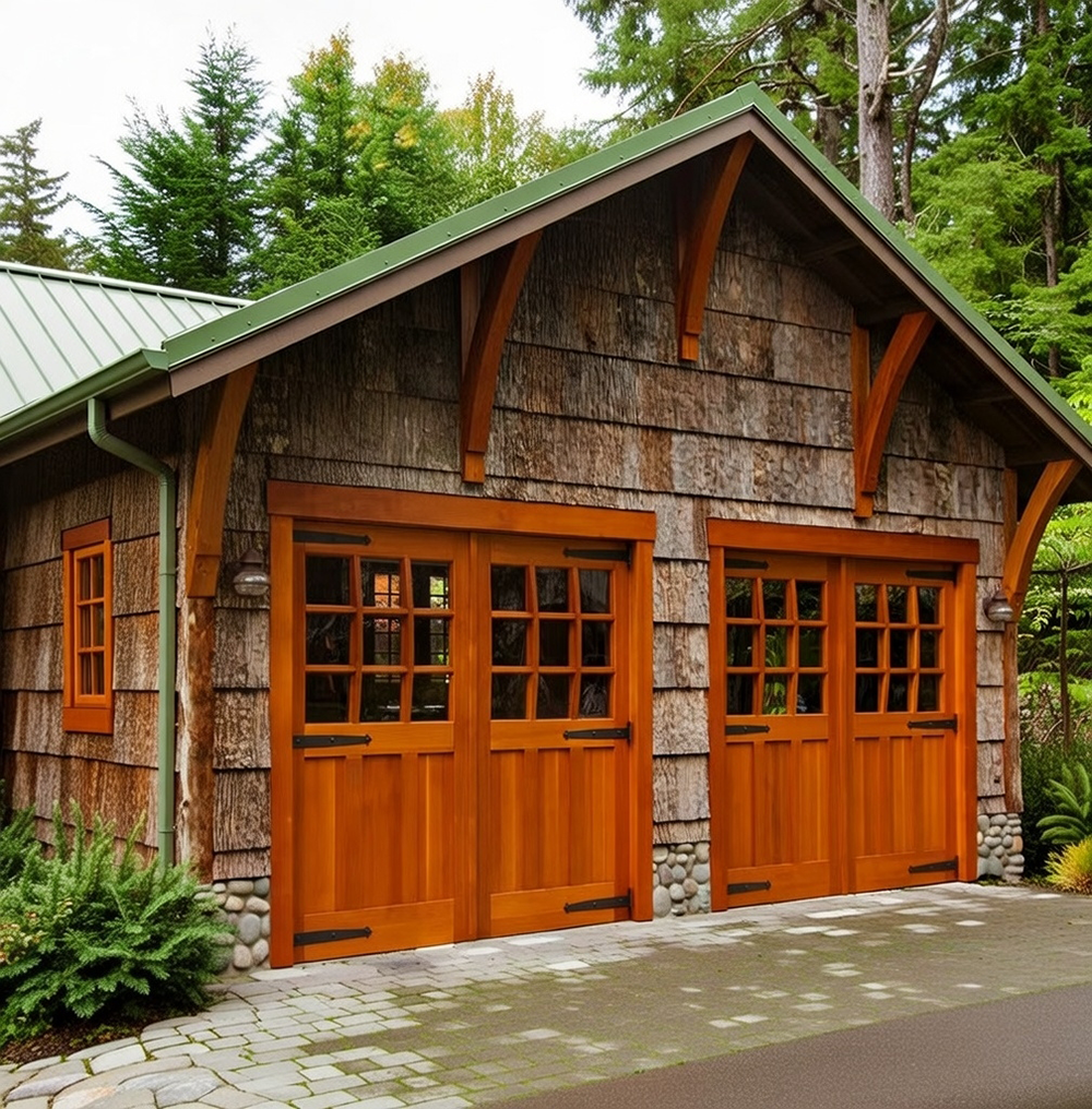 Traditional Garage Door Styles: The Timeless Choice For 2026 Rustic Traditional Garage Door Styles Featuring Double Carriage-House Swing-Out Doors In Rich Warm Cedar Wood Finish With Arched Multi-Pane Glass Windows, Black Wrought-Iron Strap Hinges And Handles, Set In A Charming Shingle-Clad Garage With Exposed Timber Braces, Green Metal Roof, Stone Base, Surrounded By Tall Evergreen Trees And Lush Landscaping, North West Chicago. Lead Contractor Dmytro Shevchenko – Timeless Traditional Garage Door Styles.