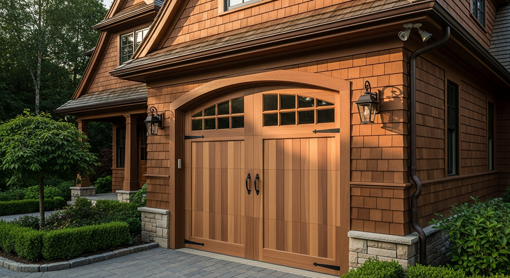 Traditional Garage Door Styles: The Timeless Choice For 2026 Traditional Garage Door Styles Featuring Elegant Carriage-House Swing-Out Doors In Rich Cedar Wood Finish With Vertical Plank Panels, Arched Multi-Pane Glass Windows, Black Wrought-Iron Strap Hinges And Decorative Handles, Installed On A Luxurious Shingle-Clad Home With Warm Cedar Siding, Stone Base, Gabled Roof And Lush Landscaping, North West Chicago. Lead Contractor Dmytro Shevchenko – Timeless Traditional Garage Door Styles.