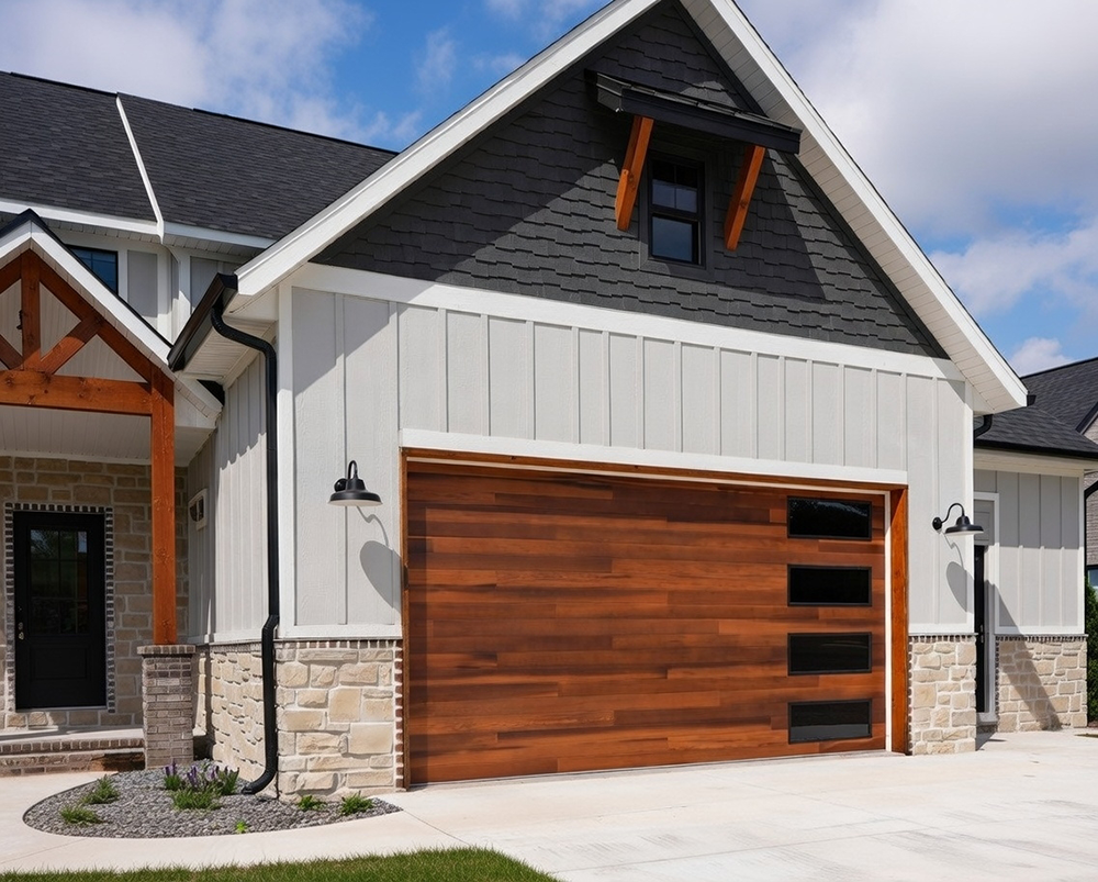 Traditional Garage Door Styles: The Timeless Choice For 2026 Traditional Garage Door Styles Featuring A Stunning Warm Cedar Wood-Look Sectional Overhead Garage Door With Horizontal Plank Texture, Three Vertical Black-Framed Glass Lites, White Trim Frame, Mounted On A Modern Craftsman-Style Home With Board-And-Batten Siding, Black Roof Accents, Timber Porch Supports, Stone Base And Lush Landscaping, North West Chicago. Lead Contractor Dmytro Shevchenko – Timeless Traditional Garage Door Styles.