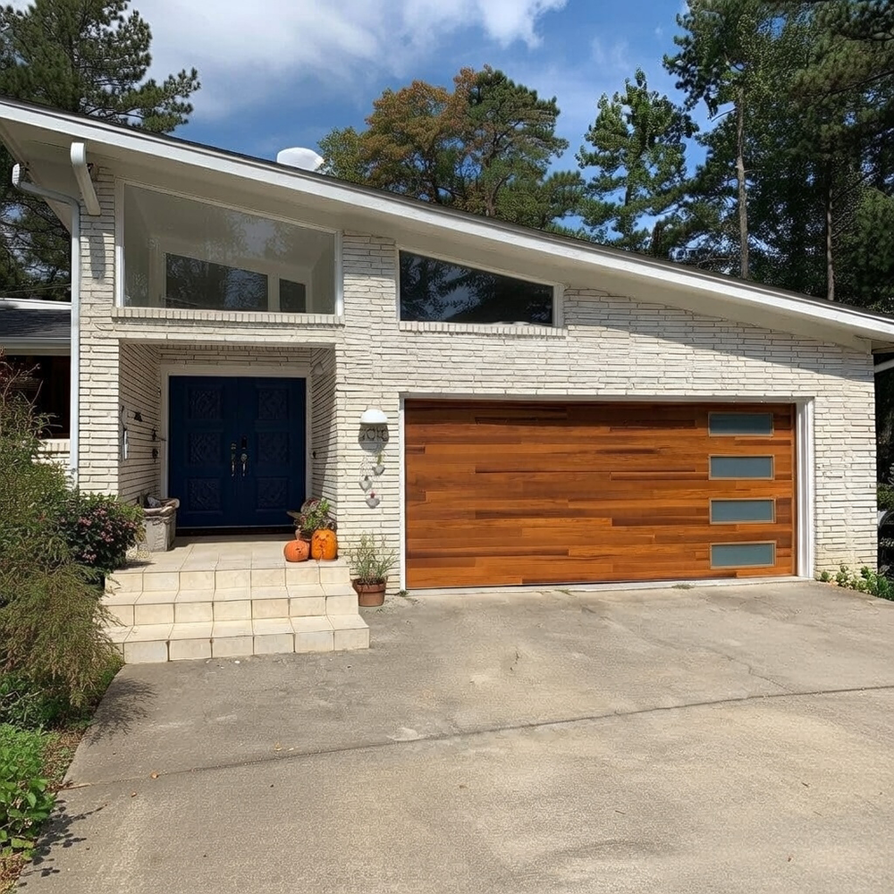 Traditional Garage Door Styles: The Timeless Choice For 2026 Traditional Garage Door Styles Featuring A Warm Cedar Wood-Look Sectional Overhead Garage Door With Horizontal Plank Texture And Three Vertical Rectangular Glass Lites, White Trim Frame, Installed On A Mid-Century Modern Brick Ranch Home With White Brick Facade, Large Clerestory Windows, Flat-Roof Overhang, Festive Fall Pumpkins On Tiled Steps, Surrounded By Tall Pine Trees And Lush Greenery, North West Chicago. Lead Contractor Dmytro Shevchenko – Timeless Traditional Garage Door Styles.