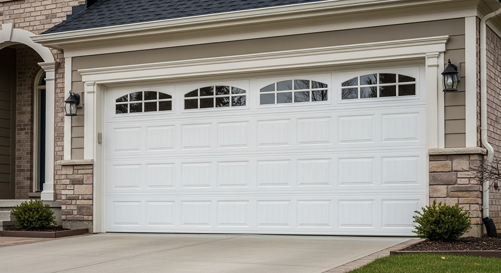Traditional Garage Door Styles: The Timeless Choice For 2026 Traditional Garage Door Styles Featuring A White Raised-Panel Sectional Overhead Garage Door With Four Arched Multi-Pane Windows Across The Top Row, Clean White Trim, Mounted On A Modern Home With Stone Veneer Base, Beige Siding And Brick Archway Accents, Black Lantern Sconces, Concrete Driveway And Landscaping, North West Chicago. Lead Contractor Dmytro Shevchenko – Timeless Traditional Garage Door Styles.