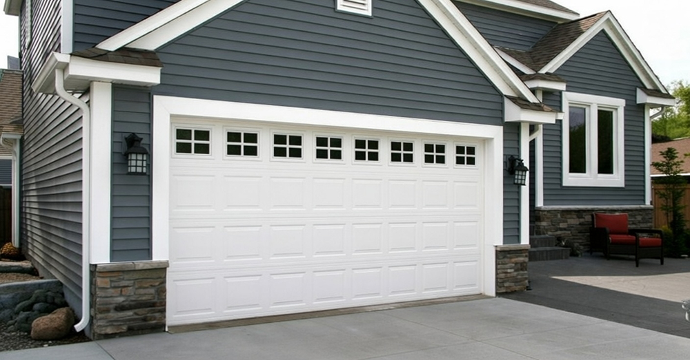 Classic White Double Garage Door With Raised Rectangular Panels And Eight Square Glass Windows, Installed On A Modern Gray-Blue Siding Home With White Trim Accents In North West Chicago. Garage Door Installation By Lead Contractor Dmytro Shevchenko.