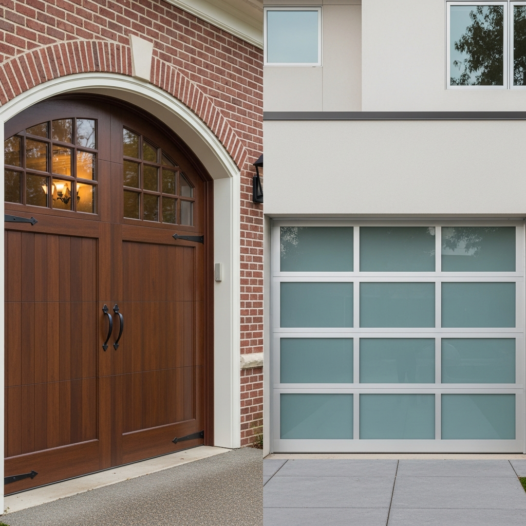 Side-By-Side Comparison Of Two Garage Door Styles: Left Shows Classic Arched Wooden Double Doors With Grid Glass Windows And Carriage House Hardware On A Brick Home; Right Shows Modern Sectional Garage Door With Large Frosted Teal Glass Panels In White Frame On A Contemporary Stucco Building – Garage Door Options By Lead Contractor Dmytro Shevchenko, North West Chicago