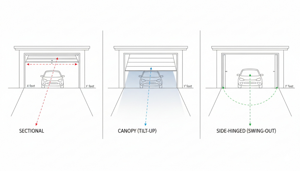 Types Of Garage Doors With Pictures: A Visual Gallery For 2026 Diagram Comparing Clearance And Swing Space Requirements For Three Types Of Garage Doors With Pictures: Sectional (Vertical Lift), Canopy (Tilt-Up), And Side-Hinged (Swing-Out) – Showing Headroom X Feet And Driveway Clearance Y Feet For Each Style, Educational Illustration By Lead Contractor Dmytro Shevchenko, North West Chicago