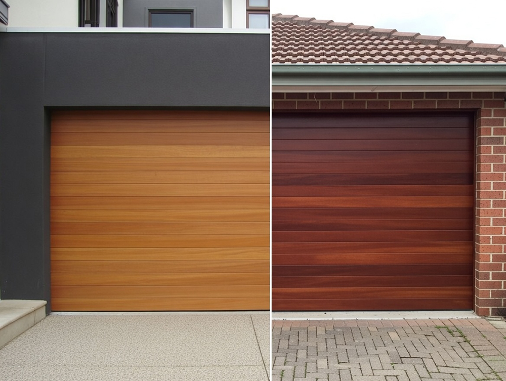 Types Of Garage Doors With Pictures: A Visual Gallery For 2026 Side-By-Side Comparison Of Modern Horizontal Wood-Look Garage Doors: Light Cedar-Toned Panels On Left And Deep Mahogany-Toned Panels On Right, Popular Examples Of Types Of Garage Doors With Pictures – Quality Installations By Lead Contractor Dmytro Shevchenko, North West Chicago