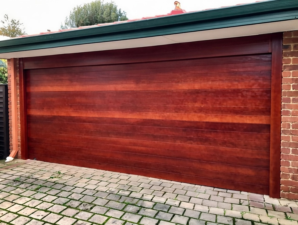 Types Of Garage Doors With Pictures: A Visual Gallery For 2026 Modern Horizontal-Panel Garage Door In Rich Mahogany Wood-Look Finish With Subtle Grain Texture, Framed By Brick And Green Trim On A Residential Home, Striking Example Of Types Of Garage Doors With Pictures – Professionally Installed By Lead Contractor Dmytro Shevchenko, North West Chicago