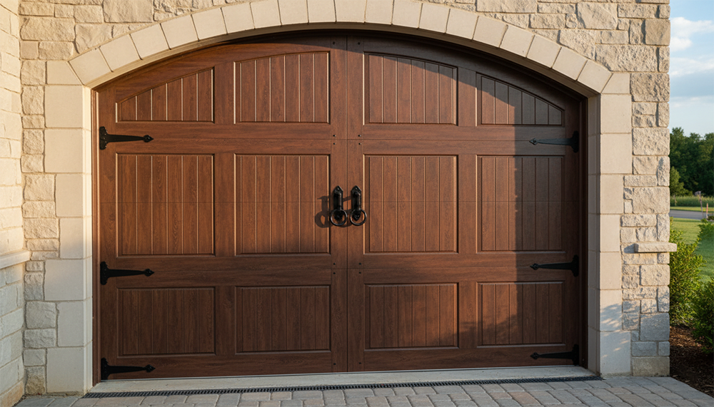 Types Of Garage Doors With Pictures: A Visual Gallery For 2026 Carriage-Style Arched Wooden Garage Doors In Warm Brown Stain With Black Wrought-Iron Hardware, Beautiful Example Of Types Of Garage Doors With Pictures – Professional Installation By Lead Contractor Dmytro Shevchenko, North West Chicago