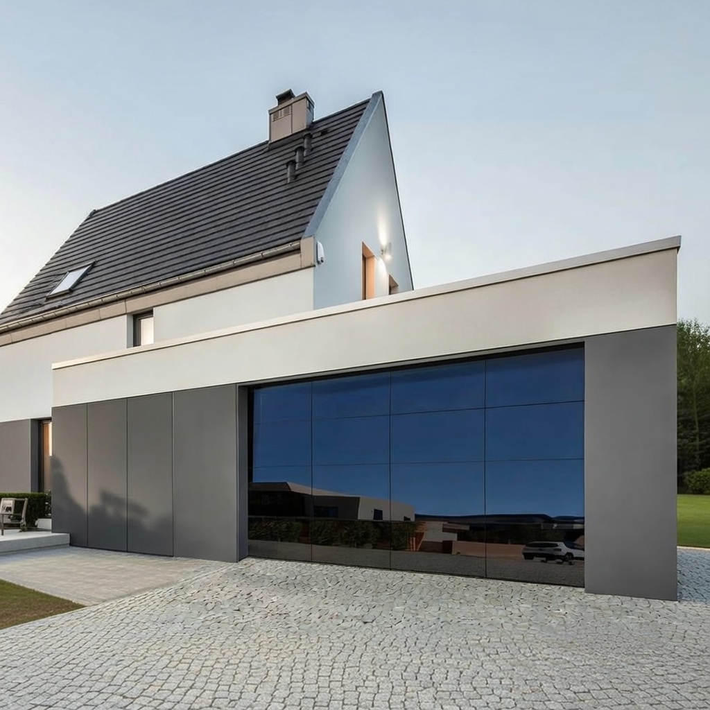 Types Of Garage Doors With Pictures: A Visual Gallery For 2026 Ultra-Modern Full-View Reflective Glass Garage Door With Large Dark Panels On A Sleek Contemporary Home With Light Facade And Pitched Roof, Striking Example Of Types Of Garage Doors With Pictures – Expertly Installed By Lead Contractor Dmytro Shevchenko, North West Chicago