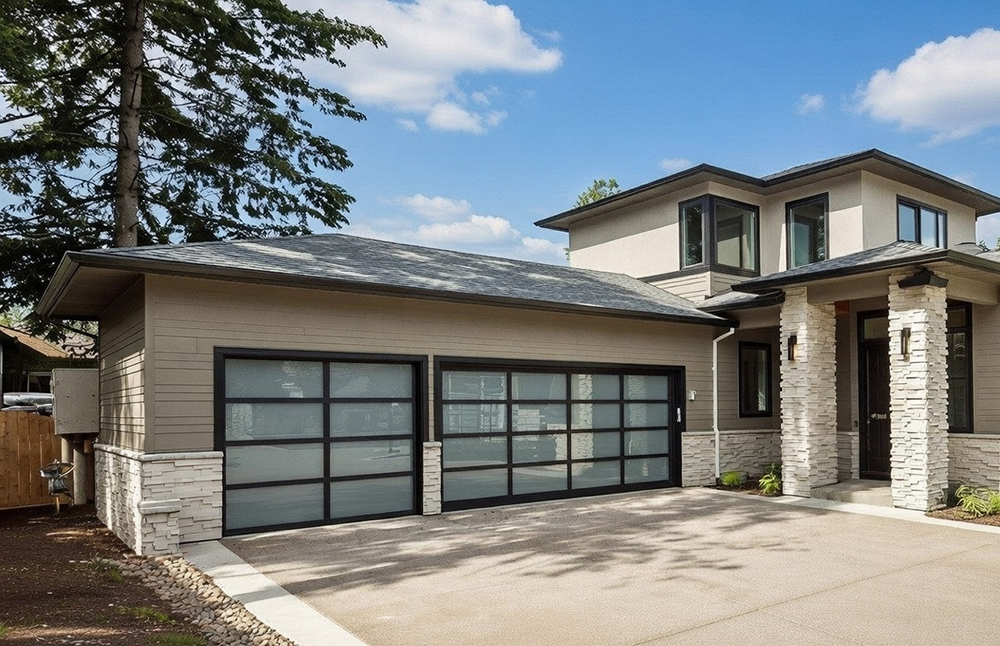 Types Of Garage Doors With Pictures: A Visual Gallery For 2026 Contemporary Full-View Glass Garage Doors With Black Aluminum Frames On A Modern Two-Story Home With Beige Siding, Clear Example Of Stylish Types Of Garage Doors With Pictures – Expertly Installed By Lead Contractor Dmytro Shevchenko, North West Chicago