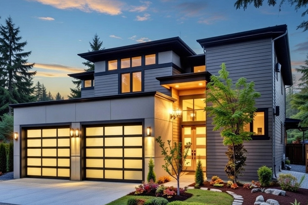 Types Of Garage Doors With Pictures: A Visual Gallery For 2026 Modern Contemporary Two-Car Garage Doors With Grid-Style Glass Panels And Black Frames, Illuminated At Dusk On A Stylish Multi-Level Home – One Of The Sleek Types Of Garage Doors With Pictures, Professionally Installed By Lead Contractor Dmytro Shevchenko, North West Chicago