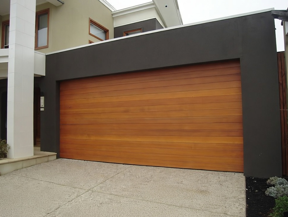 Types Of Garage Doors With Pictures: A Visual Gallery For 2026 Contemporary Horizontal Wood-Panel Garage Door In Rich Warm Cedar Tone With Modern Dark Gray Surround On A Stylish Two-Story Home, Beautiful Example Of Types Of Garage Doors With Pictures – Expertly Installed By Lead Contractor Dmytro Shevchenko, North West Chicago