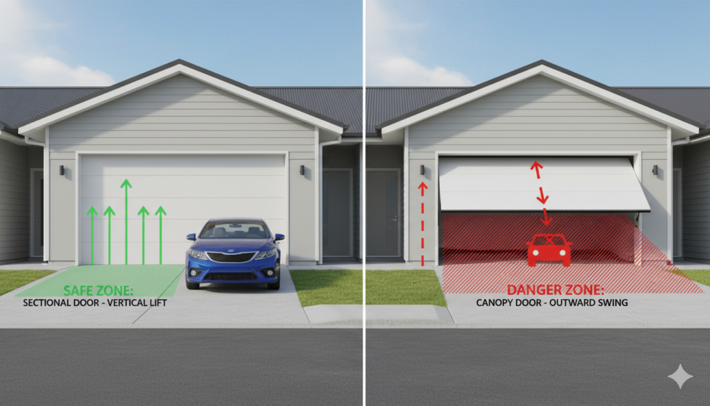 Types Of Garage Doors With Pictures: A Visual Gallery For 2026 Side-By-Side Safety Comparison Diagram Of Two Types Of Garage Doors With Pictures: Sectional Vertical-Lift Door Showing Green Safe Zone In Front, Versus Canopy Tilt-Up Door With Red Danger/Outward Swing Zone And Vehicle Clearance Risks – Informative Guide By Lead Contractor Dmytro Shevchenko, North West Chicago